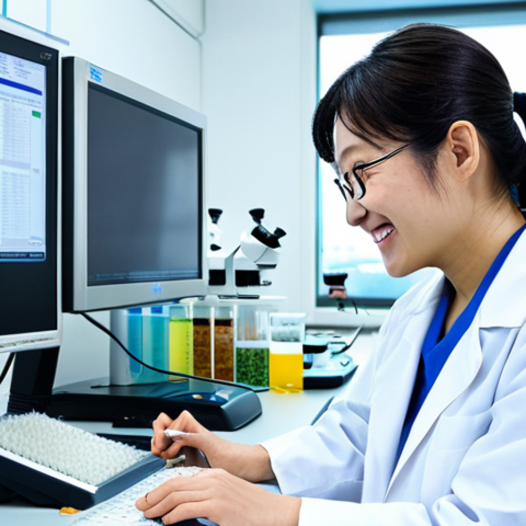 **
A brightly lit, modern laboratory setting. A Japanese researcher in a lab coat smiles as they analyze data on a computer screen displaying nutritional information of various edible insects. Microscope and lab equipment visible in the background. Emphasis on cleanliness and scientific rigor. "safe for work," "appropriate content," "fully clothed," "professional," "perfect anatomy," "natural proportions", "scientific study", "entomophagy benefits", "high quality"
**