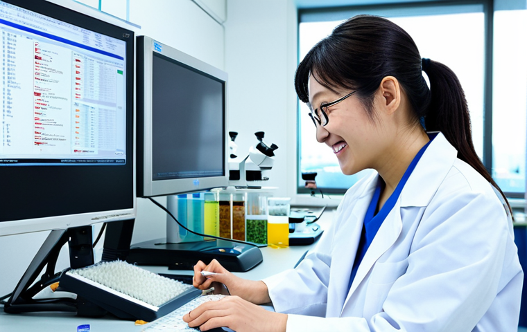 **

A brightly lit, modern laboratory setting. A Japanese researcher in a lab coat smiles as they analyze data on a computer screen displaying nutritional information of various edible insects. Microscope and lab equipment visible in the background. Emphasis on cleanliness and scientific rigor. "safe for work," "appropriate content," "fully clothed," "professional," "perfect anatomy," "natural proportions", "scientific study", "entomophagy benefits", "high quality"

**