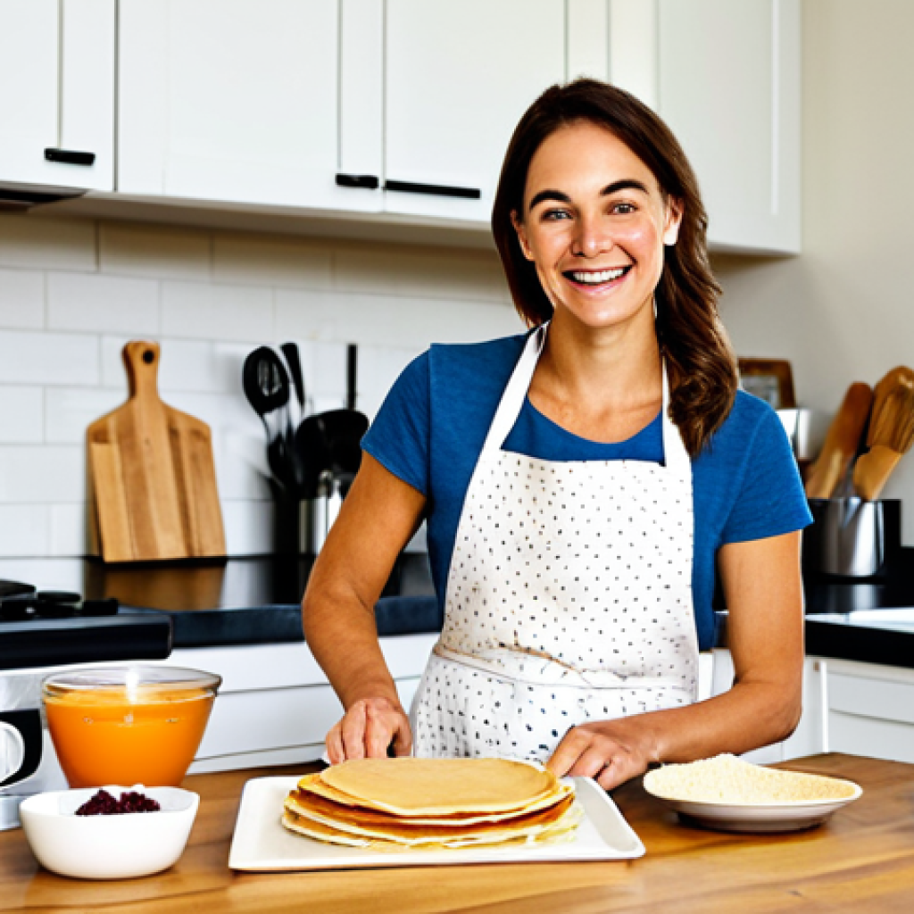 Cricket Pancake Breakfast**
A cheerful woman in a modern, sunny kitchen, preparing pancakes. She's smiling and wearing an apron over modest, everyday clothing. On the counter are ingredients, including a bag labeled "Cricket Flour." The scene is bright and inviting, suggesting a healthy breakfast. Safe for work, appropriate content, fully clothed, family-friendly, perfect anatomy, natural proportions, high quality, professional food photography.
**