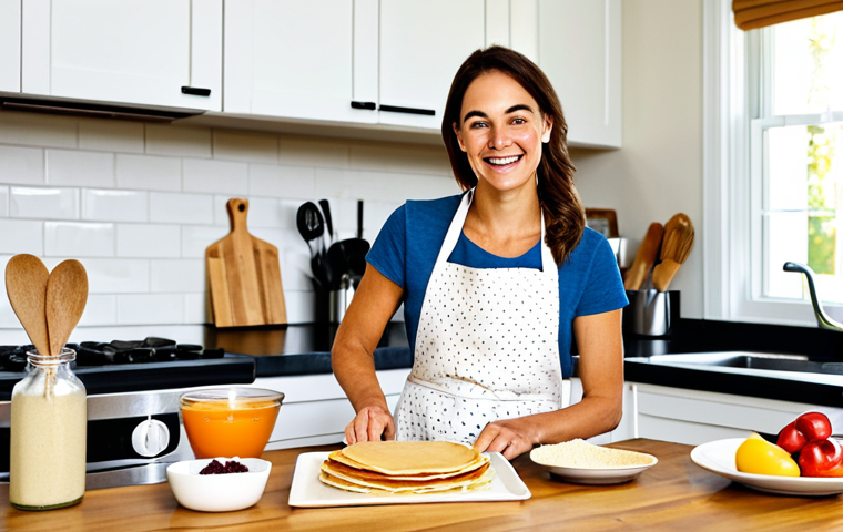 Cricket Pancake Breakfast**

A cheerful woman in a modern, sunny kitchen, preparing pancakes. She's smiling and wearing an apron over modest, everyday clothing. On the counter are ingredients, including a bag labeled "Cricket Flour." The scene is bright and inviting, suggesting a healthy breakfast. Safe for work, appropriate content, fully clothed, family-friendly, perfect anatomy, natural proportions, high quality, professional food photography.

**