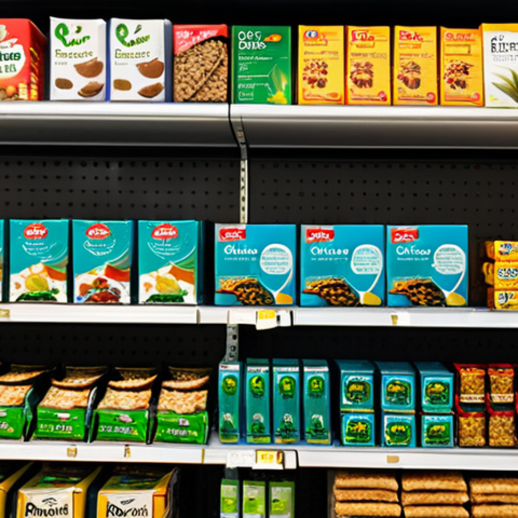 Modern Insect Food Product**
"A package of cricket crackers on a shelf in a modern supermarket, fully clothed shoppers browsing, safe for work, appropriate content, well-lit, professional product photography, high quality, modest packaging, focus on the product, family-friendly."
**
