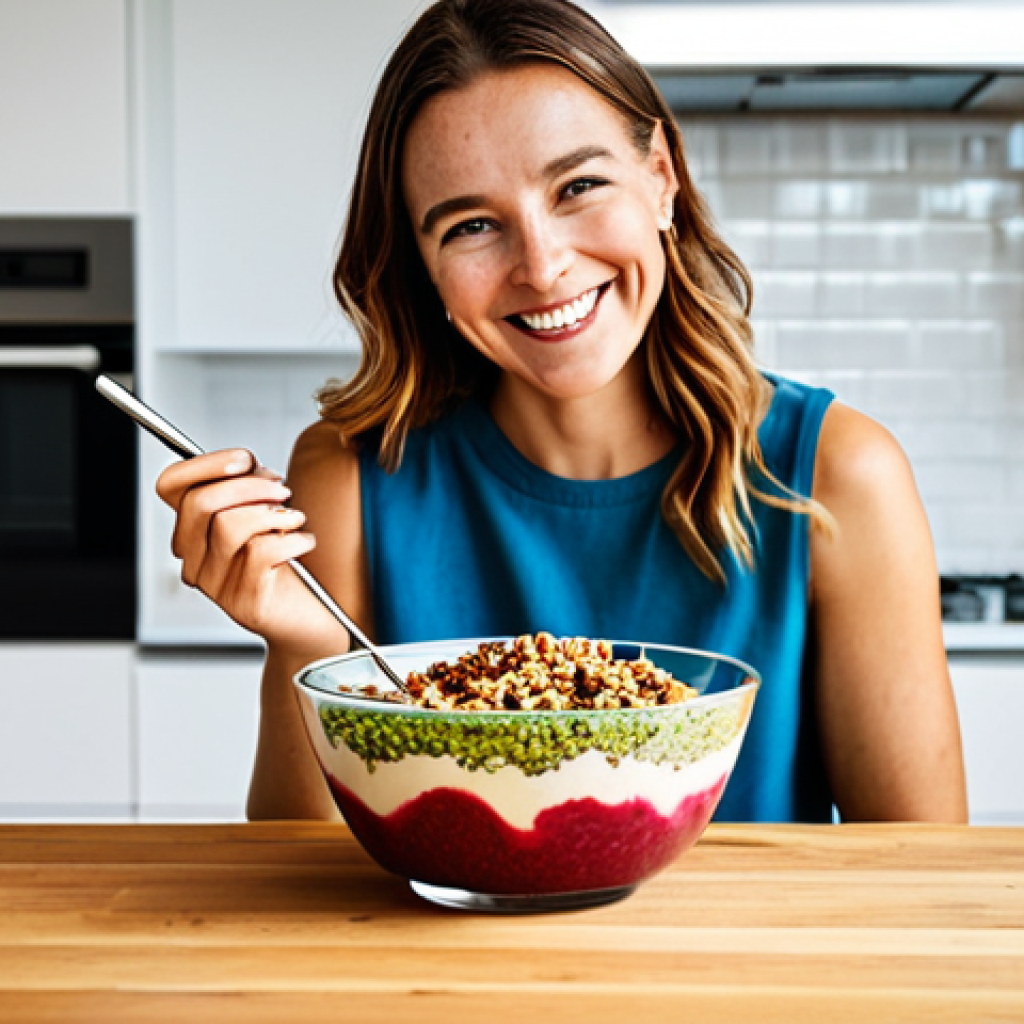곤충단백질의 사용자 후기 분석 - Insect Protein Snack/Meal**
A fully clothed, smiling woman is enjoying a colorful smoothie bowl top...