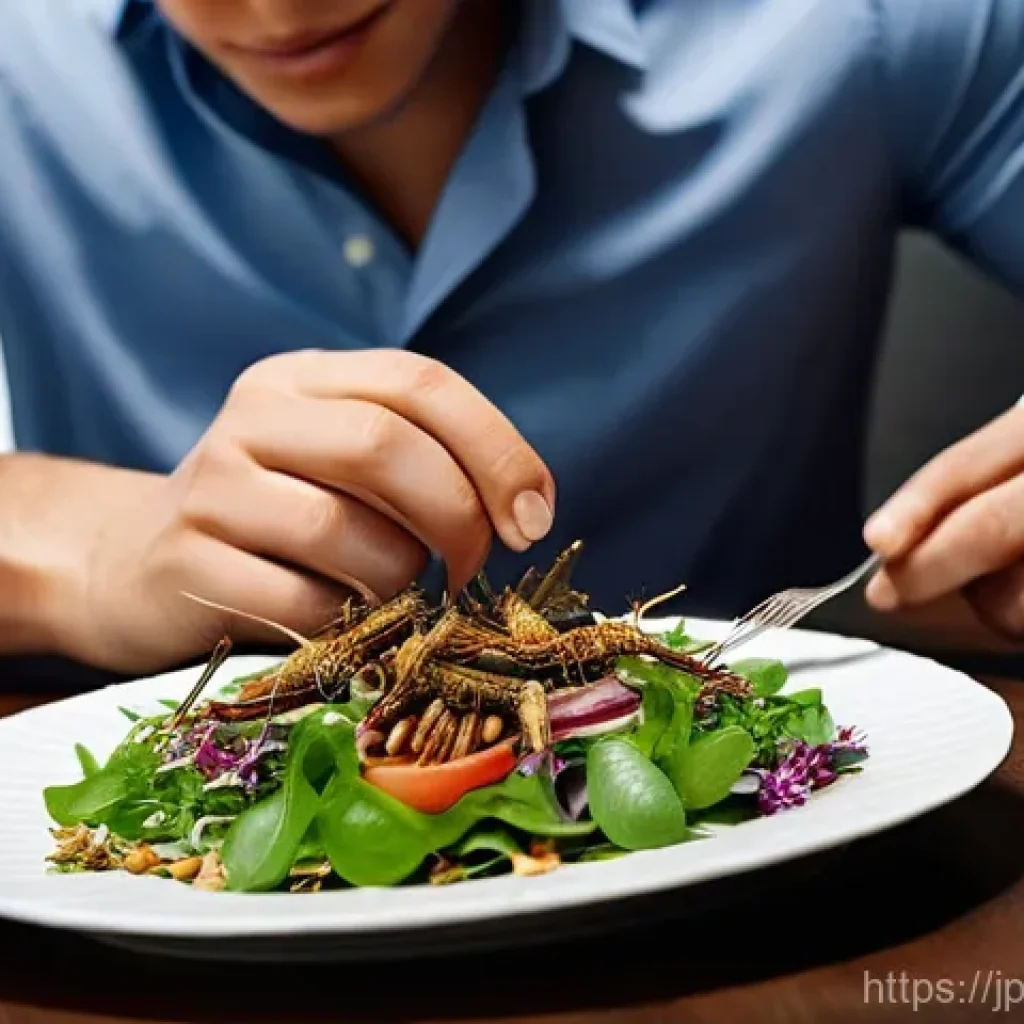 곤충단백질의 영양소 검증 과정 - **Prompt:** "A beautifully arranged, gourmet dish featuring crispy roasted crickets or mealworms as ...
