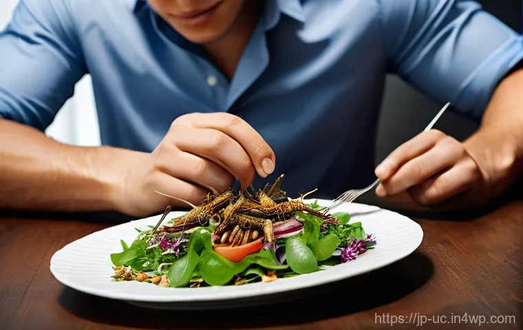 곤충단백질의 영양소 검증 과정 - **Prompt:** "A beautifully arranged, gourmet dish featuring crispy roasted crickets or mealworms as ...