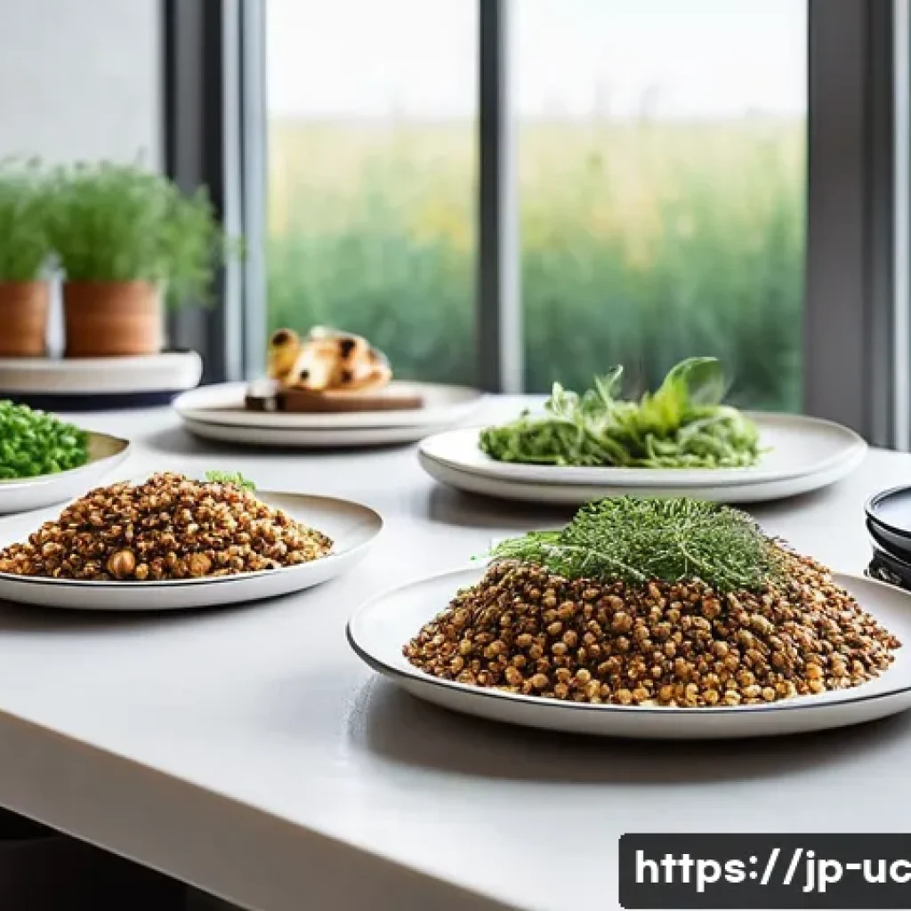 곤충단백질의 알레르기 가능성 - **Sustainable Future Food on a Modern Table:**
"A brightly lit, modern kitchen or dining area wi...