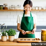 곤충단백질과 채식주의의 만남 - A modern, eco-friendly Japanese kitchen scene featuring a young adult woman preparing insect protein...