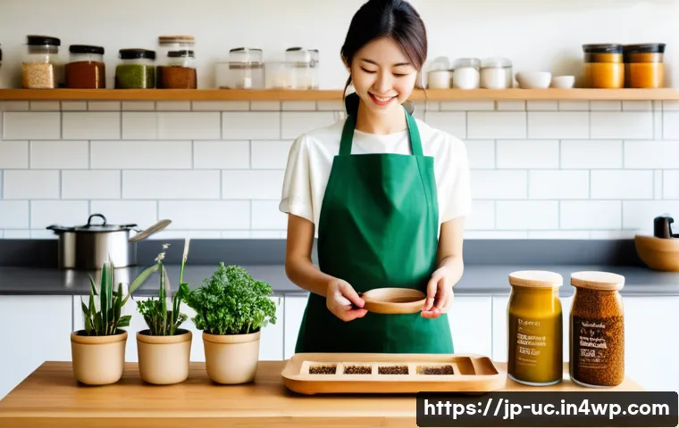 곤충단백질과 채식주의의 만남 - A modern, eco-friendly Japanese kitchen scene featuring a young adult woman preparing insect protein...