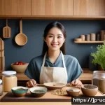 곤충단백질 산업의 성공 사례 - A modern Japanese kitchen scene showcasing a young adult woman preparing innovative insect protein-b...
