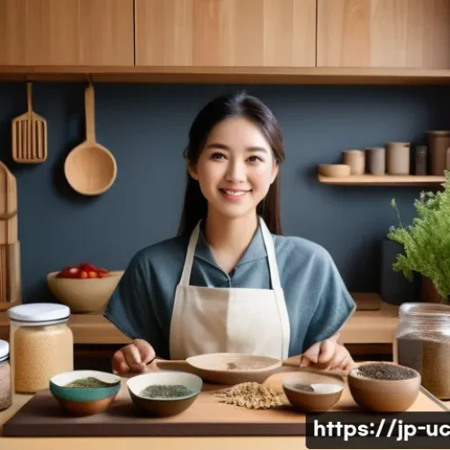 곤충단백질 산업의 성공 사례 - A modern Japanese kitchen scene showcasing a young adult woman preparing innovative insect protein-b...