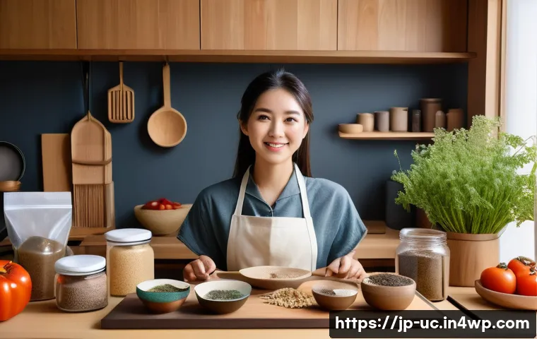 곤충단백질 산업의 성공 사례 - A modern Japanese kitchen scene showcasing a young adult woman preparing innovative insect protein-b...