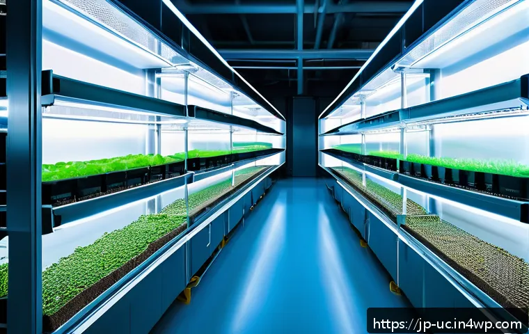 곤충단백질을 이용한 대체식품 개발 - A modern, clean insect protein farm interior showcasing rows of automated insect habitats with contr...