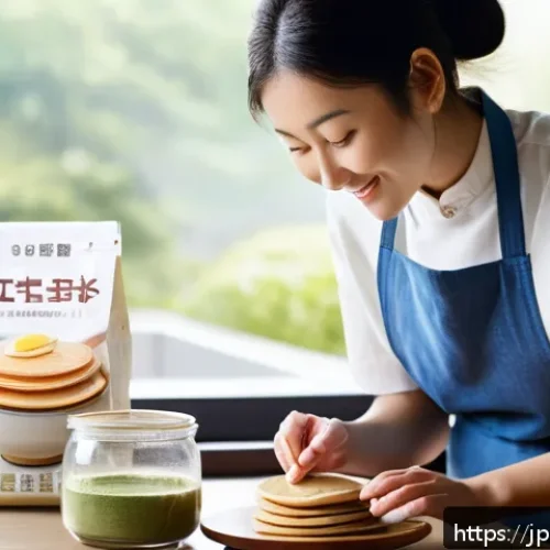 곤충단백질의 소비자 수요 조사 - A modern Japanese kitchen scene showing a young adult woman preparing pancakes with insect protein p...
