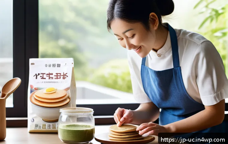 곤충단백질의 소비자 수요 조사 - A modern Japanese kitchen scene showing a young adult woman preparing pancakes with insect protein p...