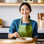 곤충단백질의 소비자 교육 전략 - A modern Japanese kitchen scene featuring a young adult woman preparing insect protein snacks. The k...
