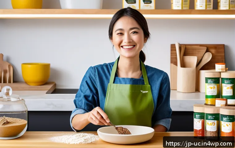 곤충단백질의 소비자 교육 전략 - A modern Japanese kitchen scene featuring a young adult woman preparing insect protein snacks. The k...