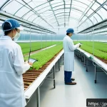 곤충단백질의 지속 가능한 생산 모델 - A modern insect farming facility showcasing rows of cricket and mealworm habitats inside a clean, hi...