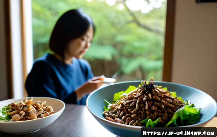 곤충단백질과 면역력 증진 - Photorealistic Japanese home kitchen scene, a clean ceramic bowl of roasted crickets and mealworm sn...
